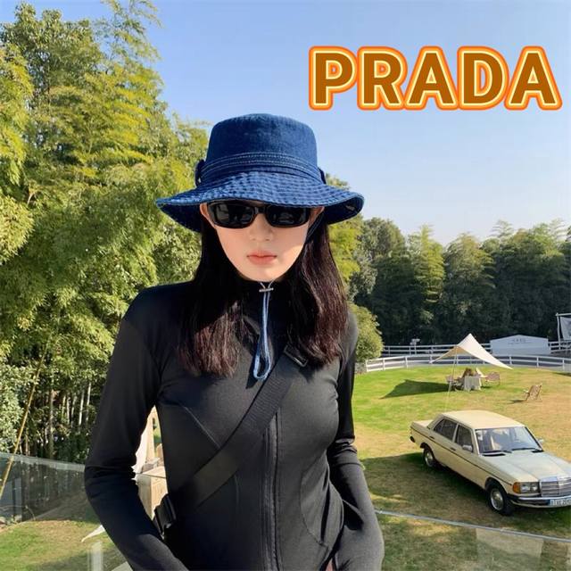 Prada普拉达2024年春夏季新款牛仔帽子男女韩版户外出游渔夫帽防晒遮阳太阳帽